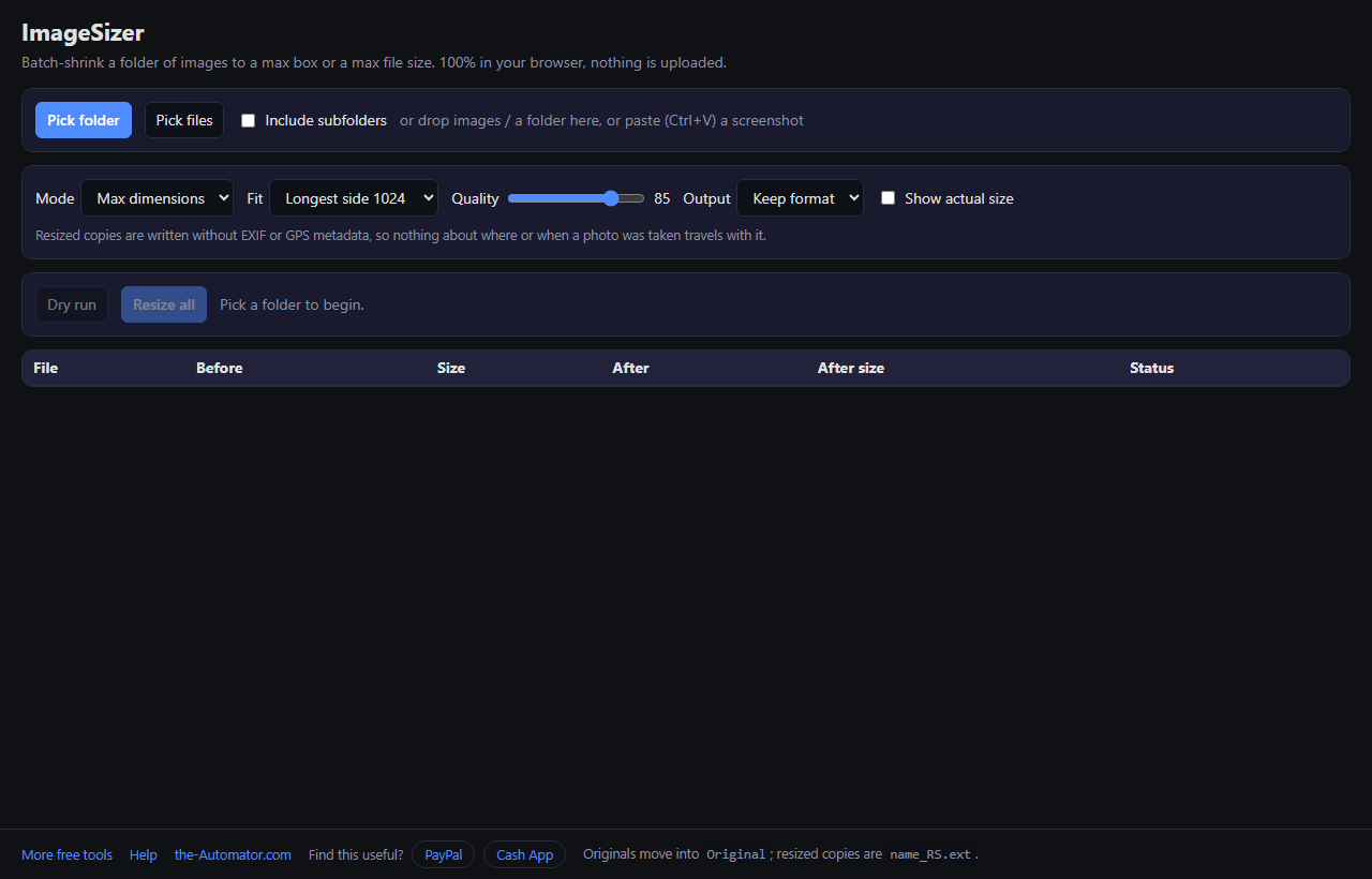 ImageSizer folder picker, size options, and results table